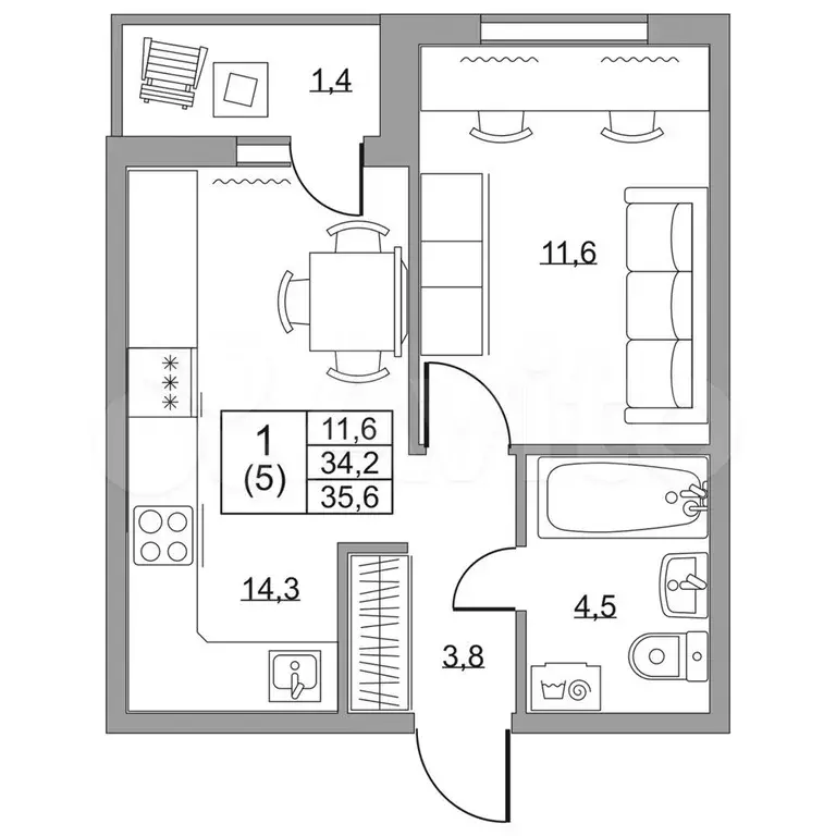 1-к. квартира, 35,6 м, 3/8 эт. - Фото 1