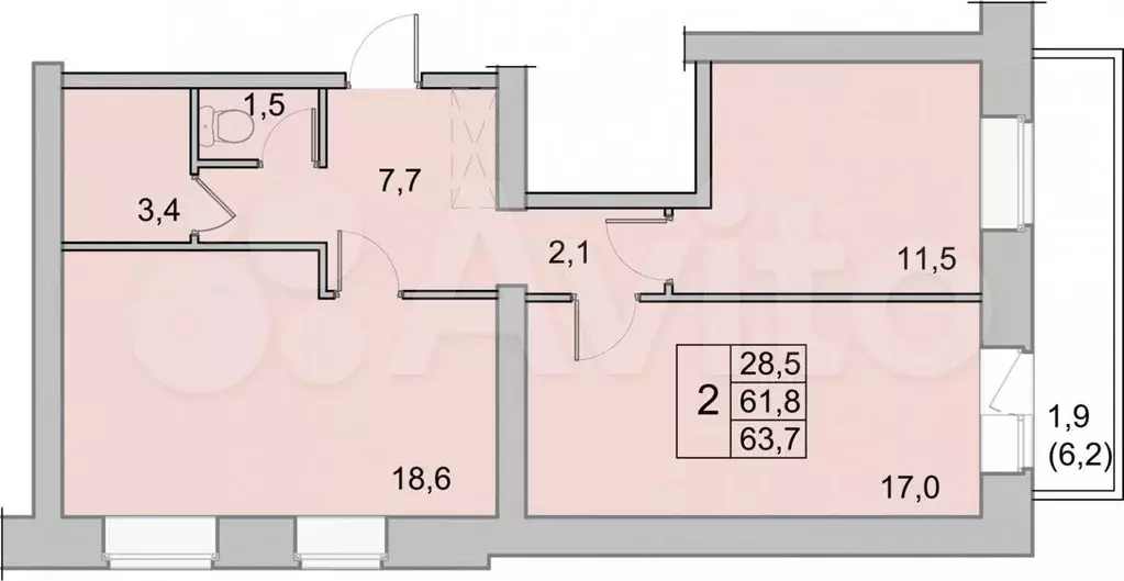 2-к. квартира, 63,7 м, 2/8 эт. - Фото 0