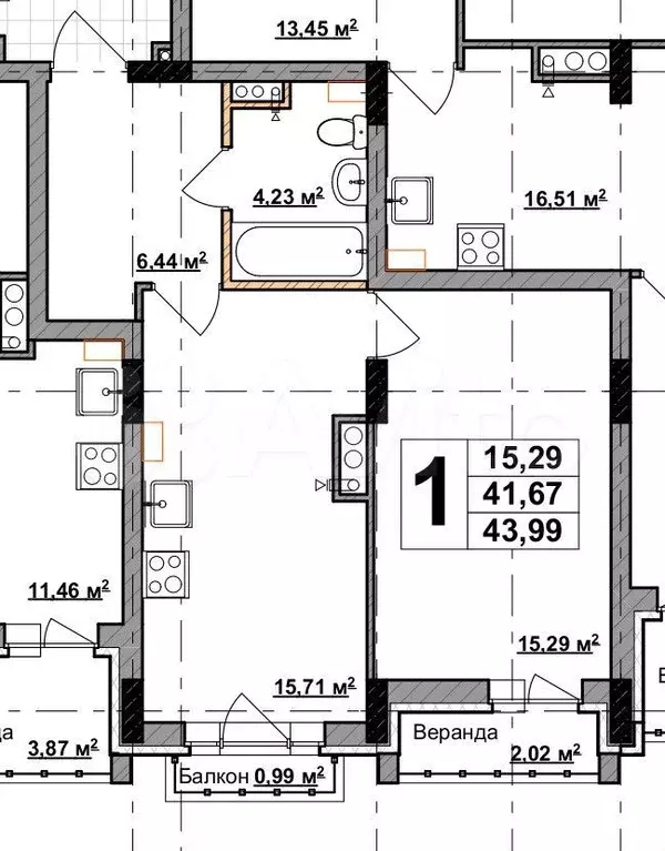 1-к. квартира, 44 м, 7/8 эт. - Фото 1