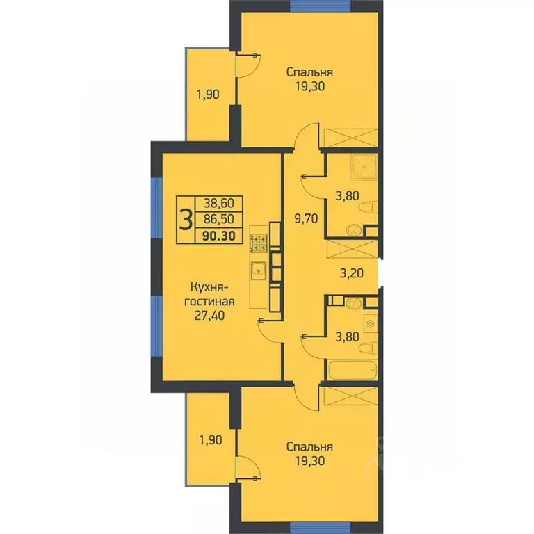 3-к кв. Краснодарский край, Новороссийск ул. Матвейкина, 1Ак3 (90.3 м) - Фото 0