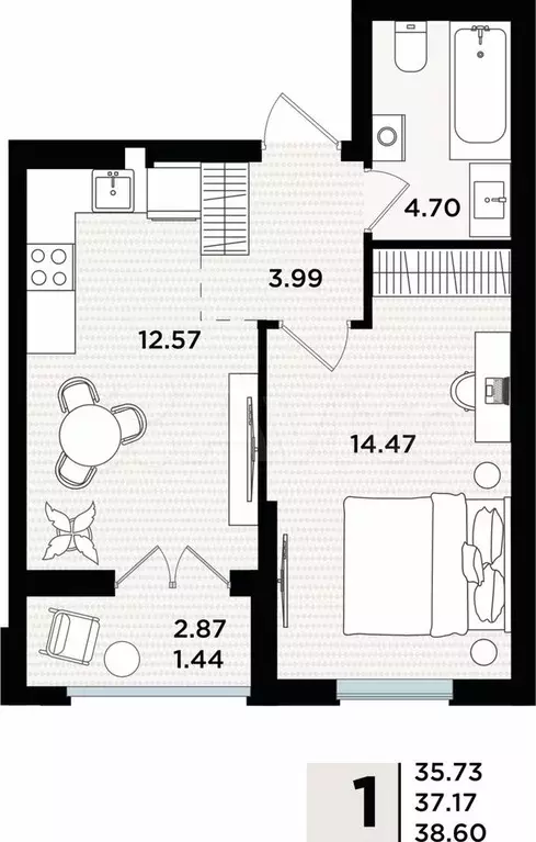 1-к. квартира, 38,6 м, 1/5 эт. - Фото 1