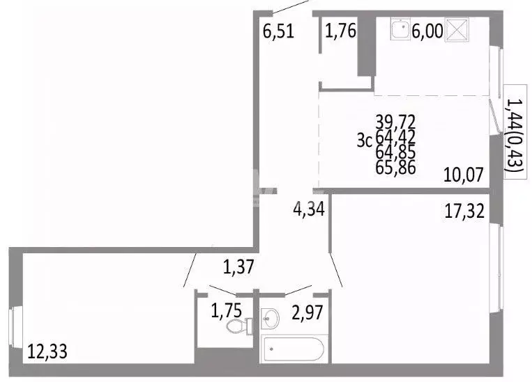 3-к кв. Челябинская область, Челябинск ул. Блюхера, 125Б (64.85 м) - Фото 1