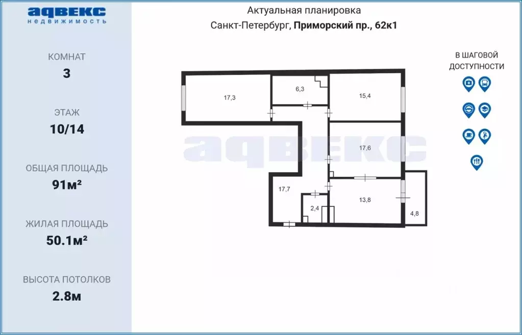 3-к кв. Санкт-Петербург Приморский просп., 62к1 (91.0 м) - Фото 1