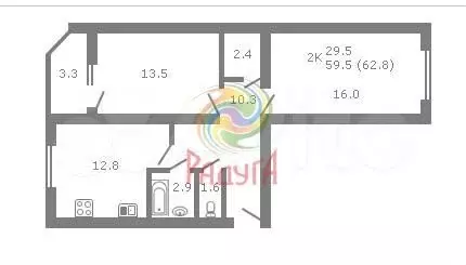 2-к. квартира, 59,5 м, 2/9 эт. - Фото 0