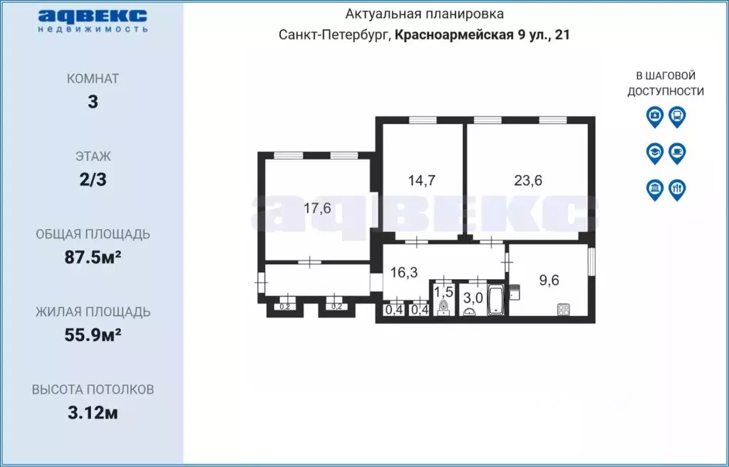 3-к кв. Санкт-Петербург 9-я Красноармейская ул., 21 (87.5 м) - Фото 1