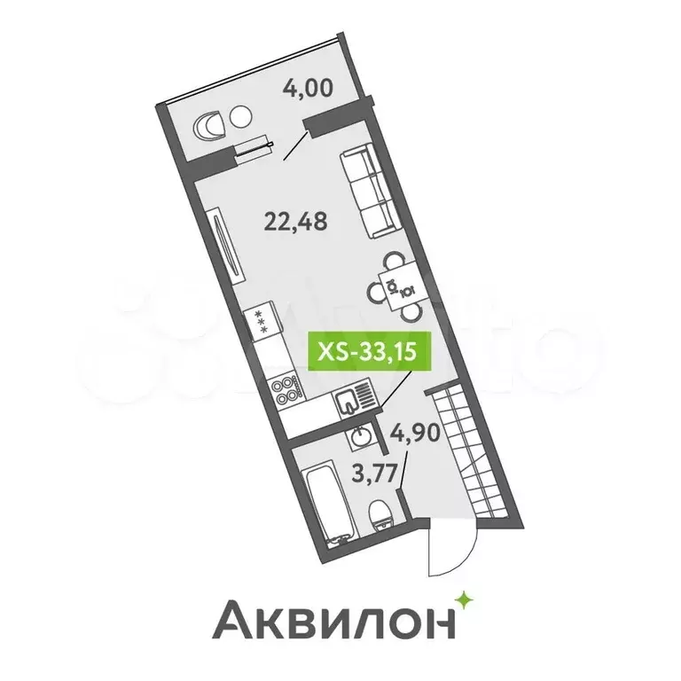 Квартира-студия, 32,6 м, 1/13 эт. - Фото 1