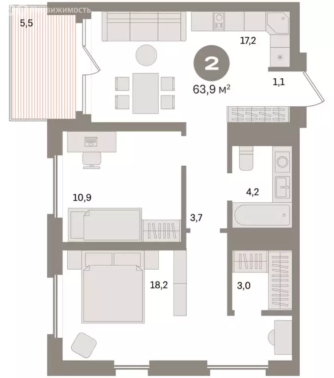 2-комнатная квартира: Екатеринбург, улица Советских Женщин (63.9 м) - Фото 1