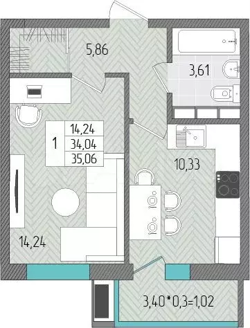 1-к. квартира, 35,1 м, 7/8 эт. - Фото 1