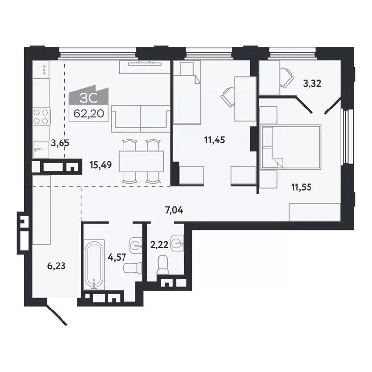 3-к кв. Томская область, Томск Черемошники мкр, ул. Бердская, 14/3 ... - Фото 1