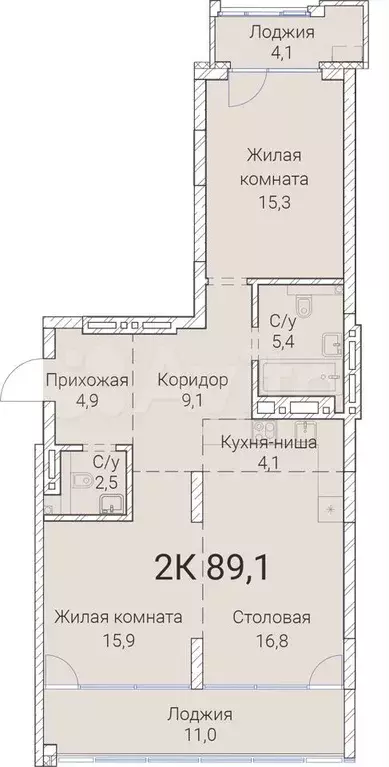 2-к. квартира, 89,1 м, 18/25 эт. - Фото 0