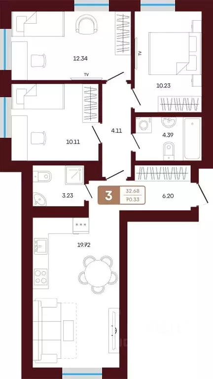 3-к кв. Башкортостан, Иглинский район, с. Акбердино  (70.33 м) - Фото 1