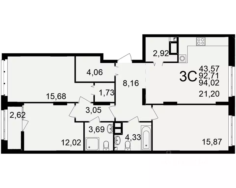 3-к кв. Рязанская область, Рязань Аура жилой комплекс (92.71 м) - Фото 1