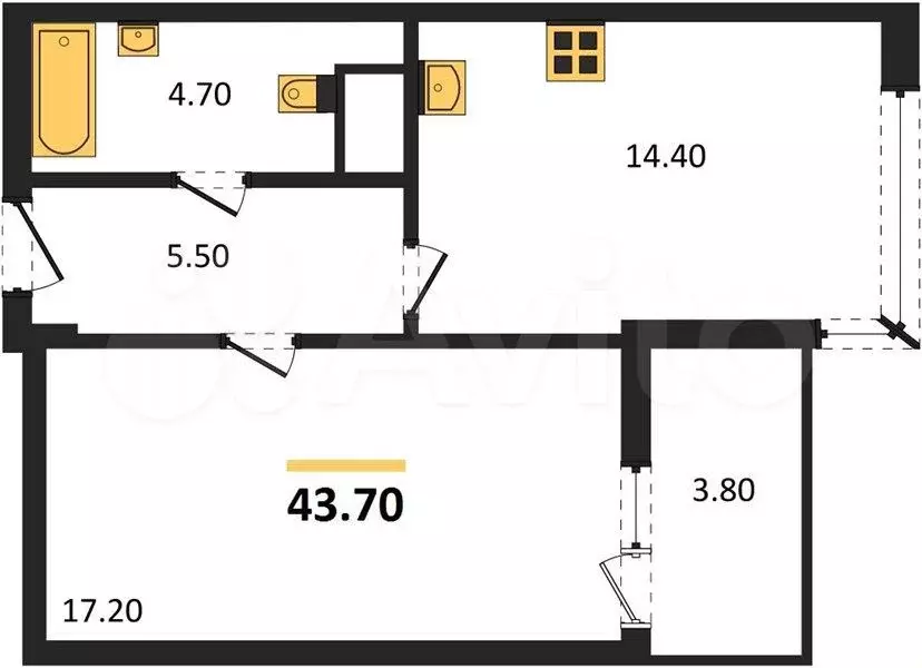 1-к. квартира, 43,7 м, 2/4 эт. - Фото 1