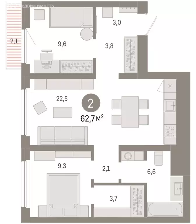 2-комнатная квартира: Новосибирск, квартал Лебедевский (62.7 м) - Фото 1