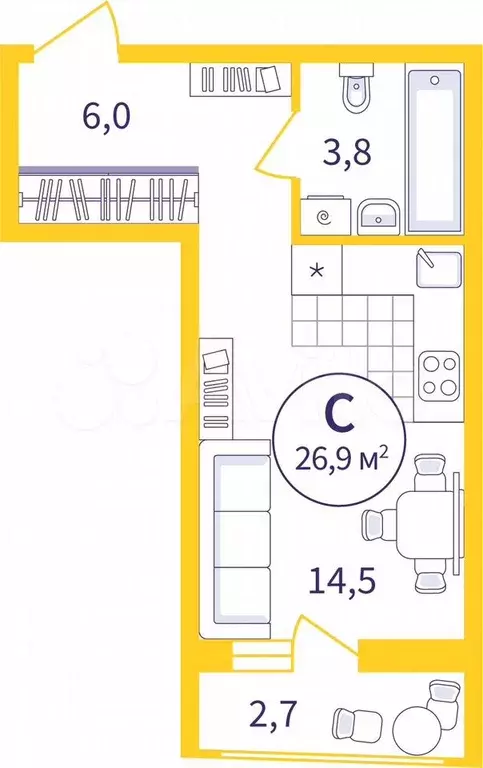 Квартира-студия, 25,6 м, 8/8 эт. - Фото 0