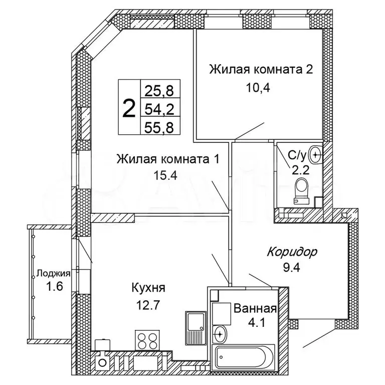 2-к. квартира, 55,8 м, 2/9 эт. - Фото 0