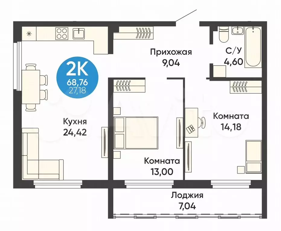 2-к. квартира, 68,8 м, 3/16 эт. - Фото 0