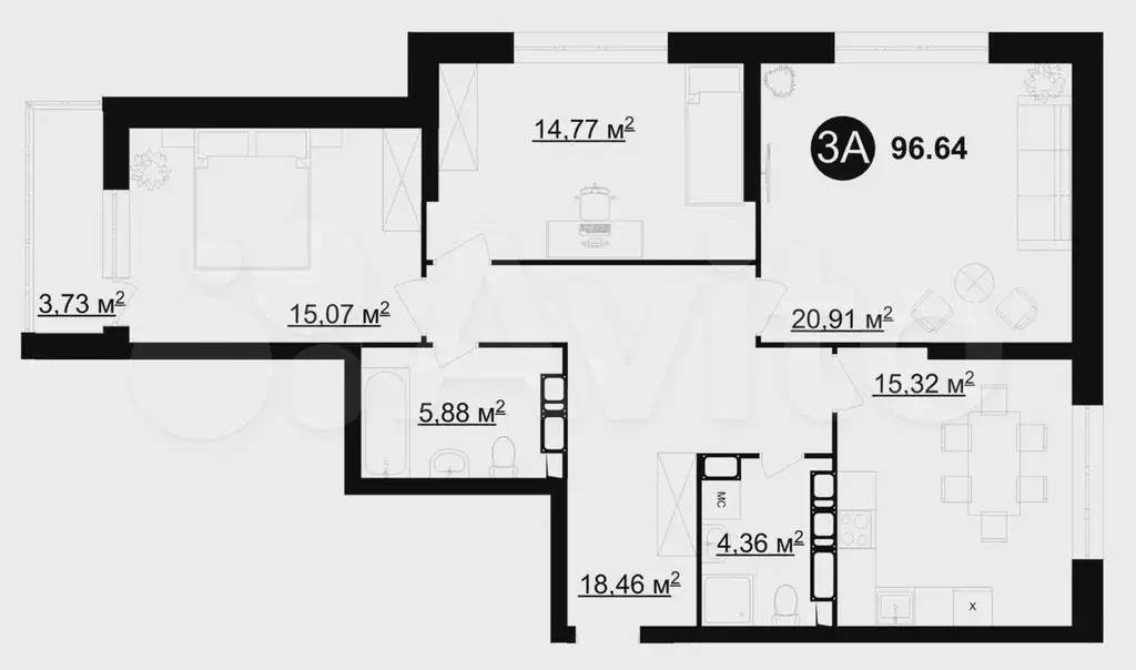 3-к. квартира, 95,6 м, 24/25 эт. - Фото 1