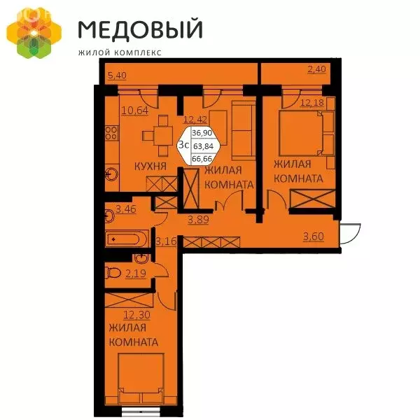 3-комнатная квартира: деревня Кондратово, улица Г.Н. Нифантова, 4А (64 ... - Фото 0