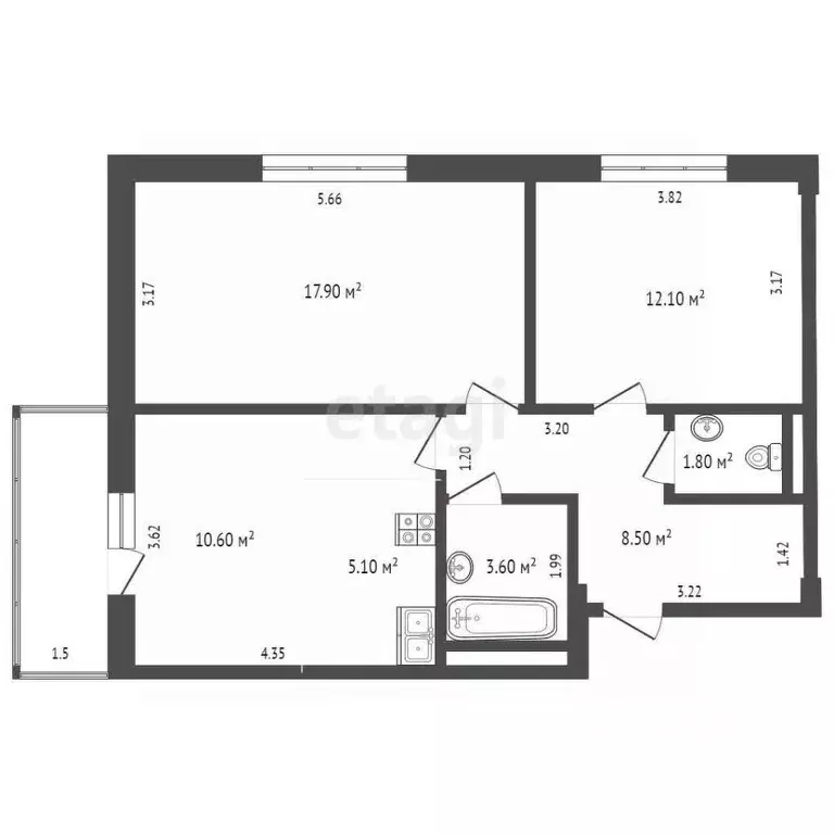2-к кв. Ямало-Ненецкий АО, Новый Уренгой Дружба мкр, 4/3 (66.6 м) - Фото 2
