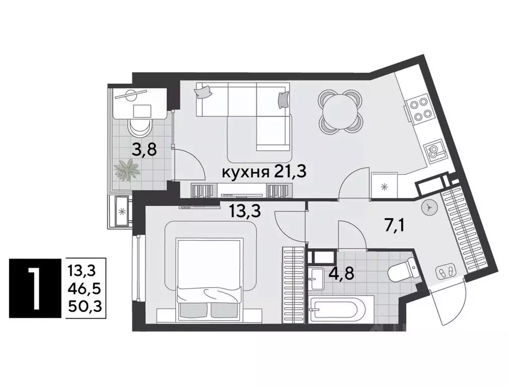 1-к кв. Краснодарский край, Краснодар Парк Победы мкр,  (50.3 м) - Фото 1