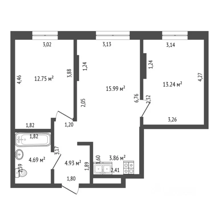 2-к кв. Тюменская область, Тюмень Интернациональная ул., 199к9 (55.5 ... - Фото 2