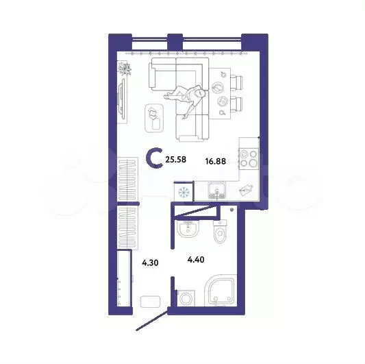 Квартира-студия, 25,6 м, 12/13 эт. - Фото 1