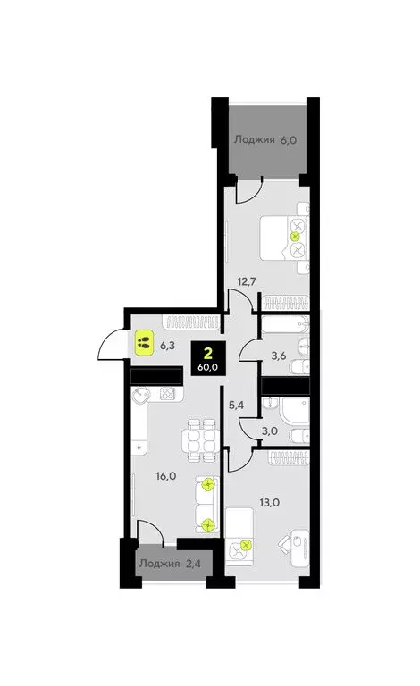 2-комнатная квартира: Тюмень, улица Андрея Приказнова, 1 (60 м) - Фото 1