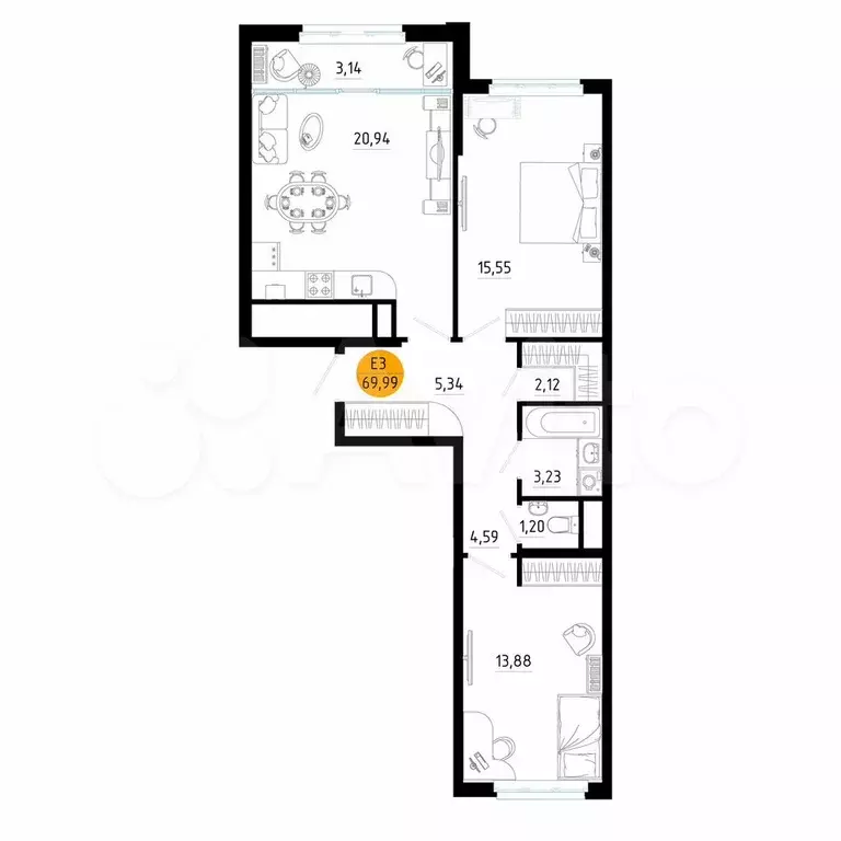 2-к. квартира, 70 м, 9/25 эт. - Фото 1