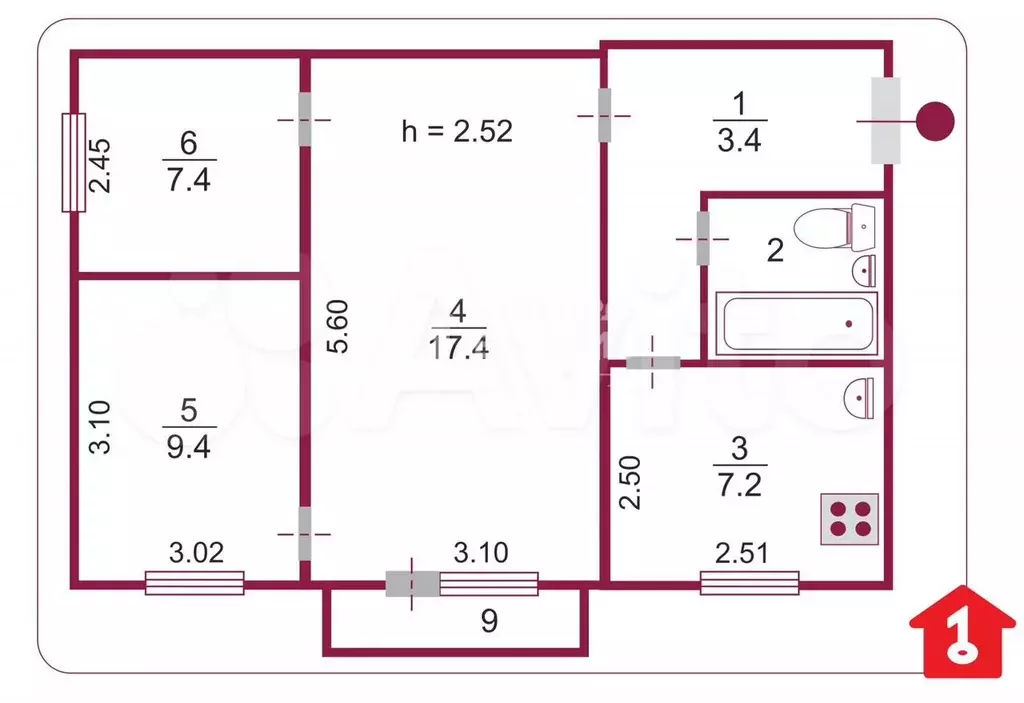 3-к. квартира, 47,6 м, 2/5 эт. - Фото 0