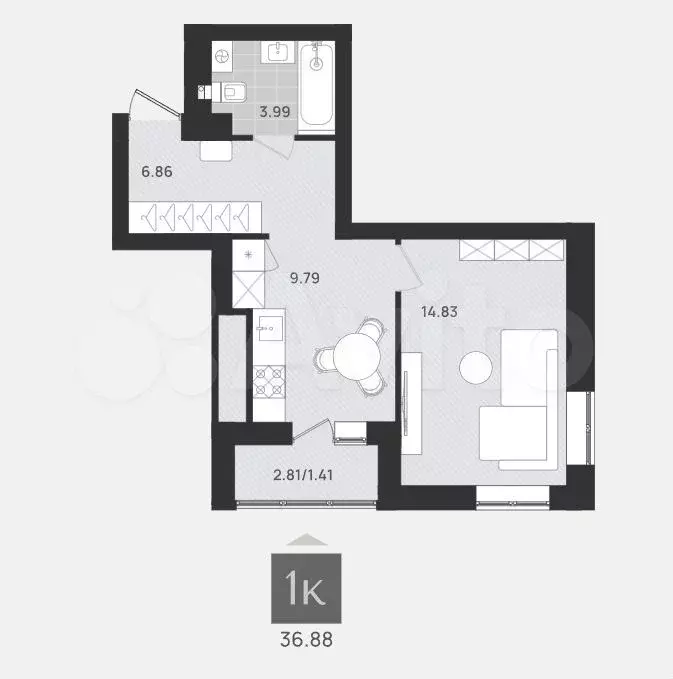 1-к. квартира, 36,9 м, 7/9 эт. - Фото 1