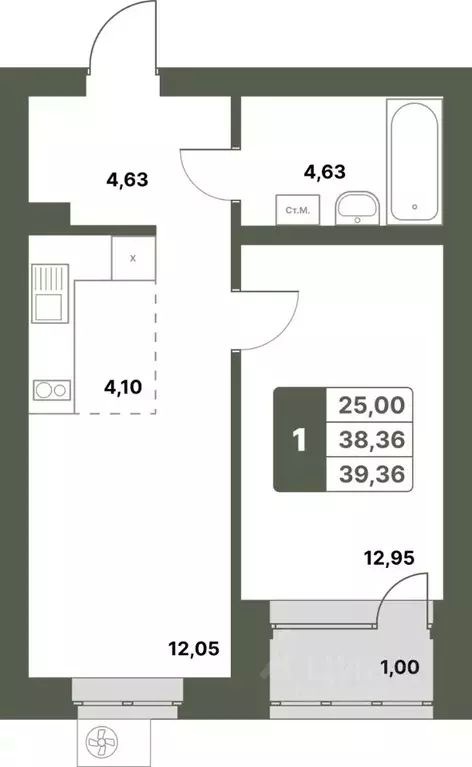 1-к кв. Башкортостан, Уфимский район, с. Миловка  (39.36 м) - Фото 1
