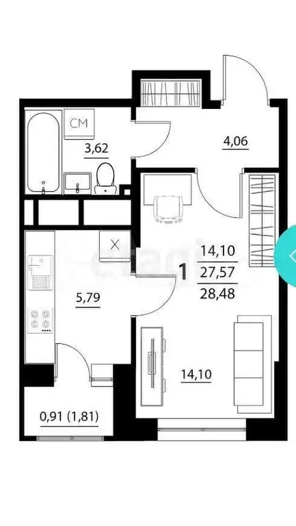1-к. квартира, 28,5 м, 3/4 эт. - Фото 0