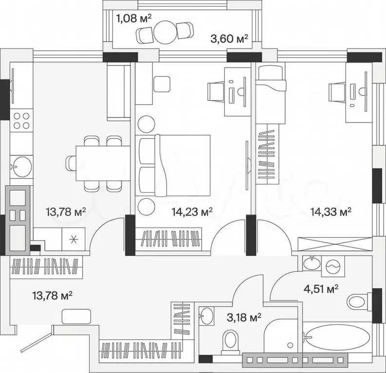 2-к. квартира, 65,4 м, 4/7 эт. - Фото 1
