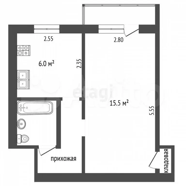 1-к. квартира, 28,5 м, 2/5 эт. - Фото 0