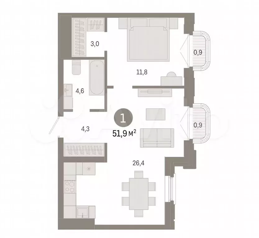 2-к. квартира, 51,9 м, 6/9 эт. - Фото 0