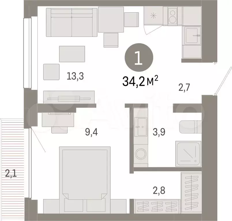 1-к. квартира, 34,2 м, 4/12 эт. - Фото 1