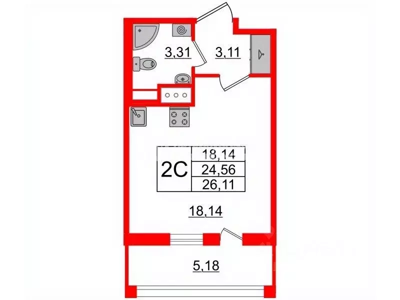 Студия Санкт-Петербург Комендантский просп., 7к1 (24.56 м) - Фото 1