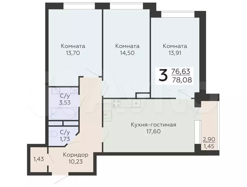 3-к. квартира, 78,1 м, 2/20 эт. - Фото 0