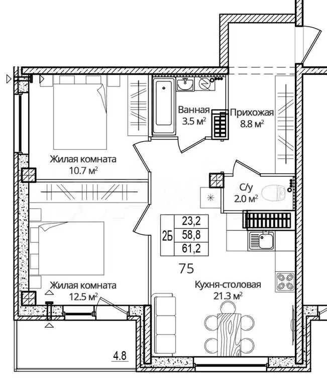 2-к. квартира, 61,2 м, 11/16 эт. - Фото 1