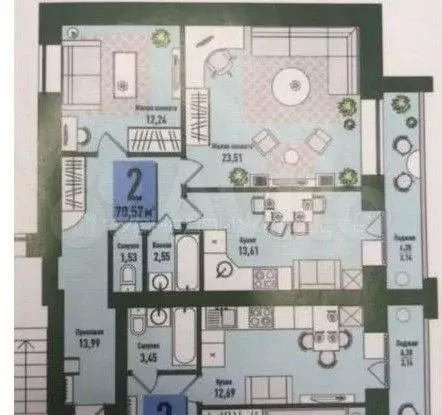 2-к. квартира, 75 м, 4/4 эт. - Фото 0