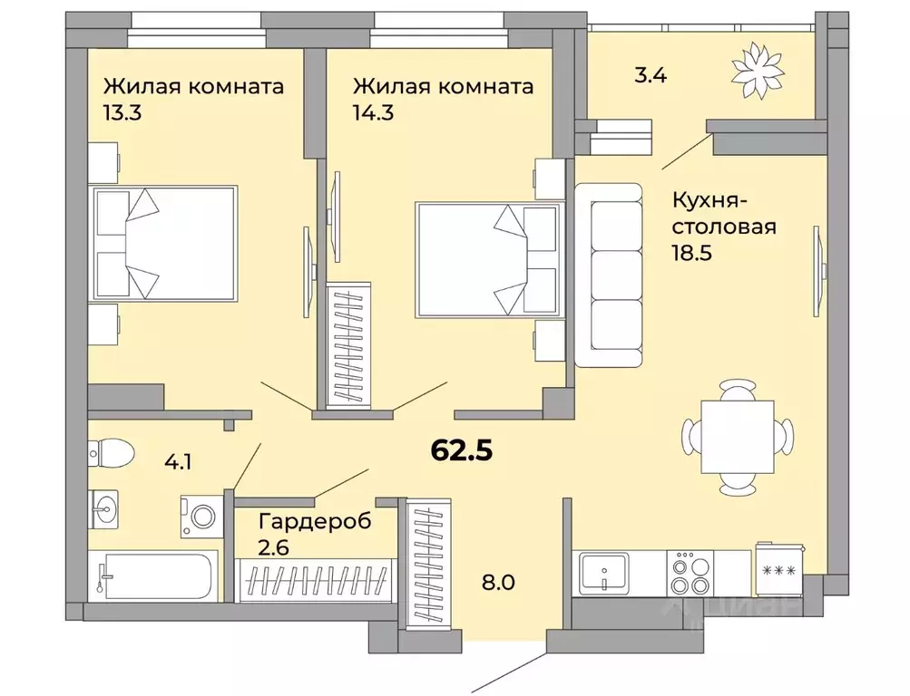 2-к кв. Свердловская область, Екатеринбург ул. Орловская (62.5 м) - Фото 0