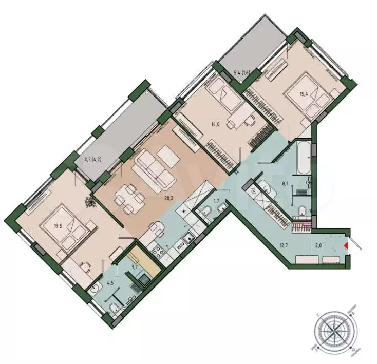 3-к. квартира, 115,6 м, 6/10 эт. - Фото 1