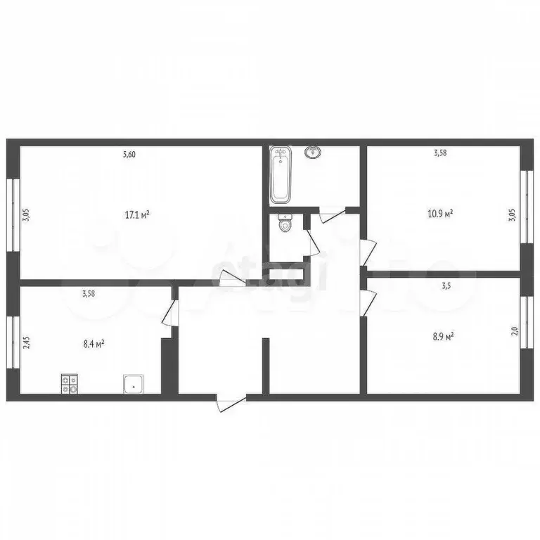 3-к. квартира, 60,7 м, 5/5 эт. - Фото 0