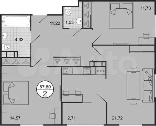 2-к. квартира, 67,8м, 9/9эт. - Фото 1