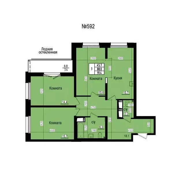 3-комнатная квартира: посёлок Парголово, Ольгинская дорога, 3/20 (91.4 ... - Фото 2