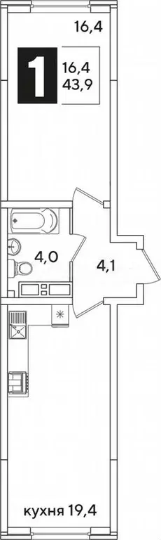 1-к. квартира, 43,9м, 10/16эт. - Фото 1