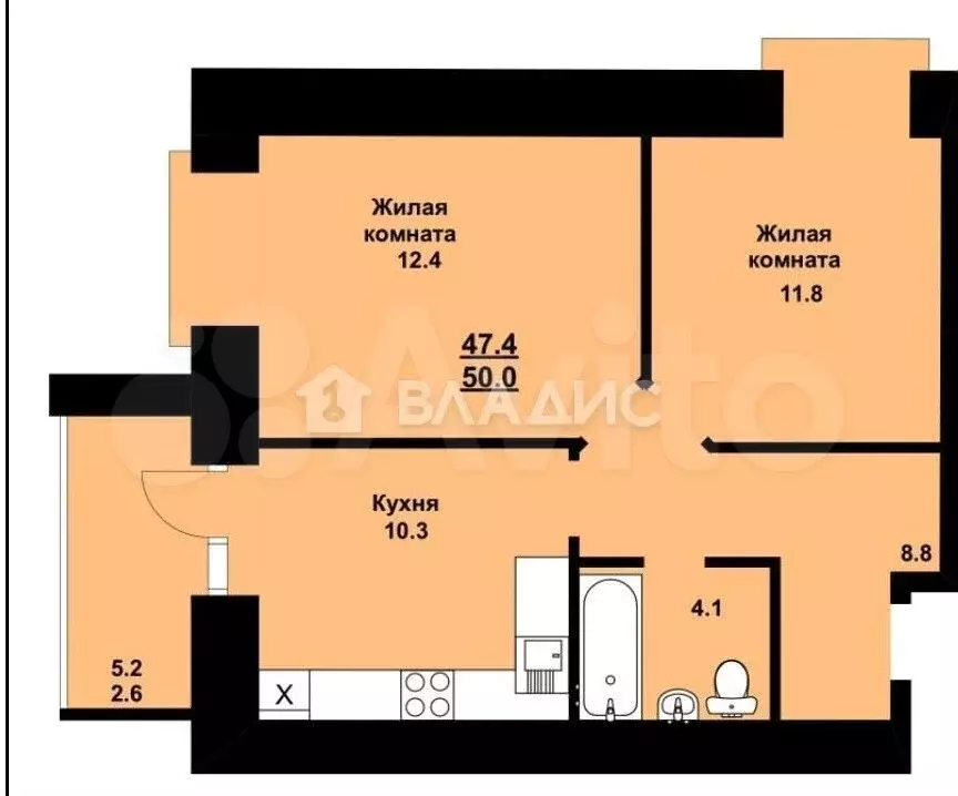 2-к. квартира, 50 м, 4/10 эт. - Фото 0