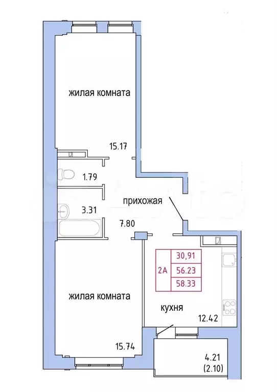2-к. квартира, 58.3 м, 5/9 эт. - Фото 1
