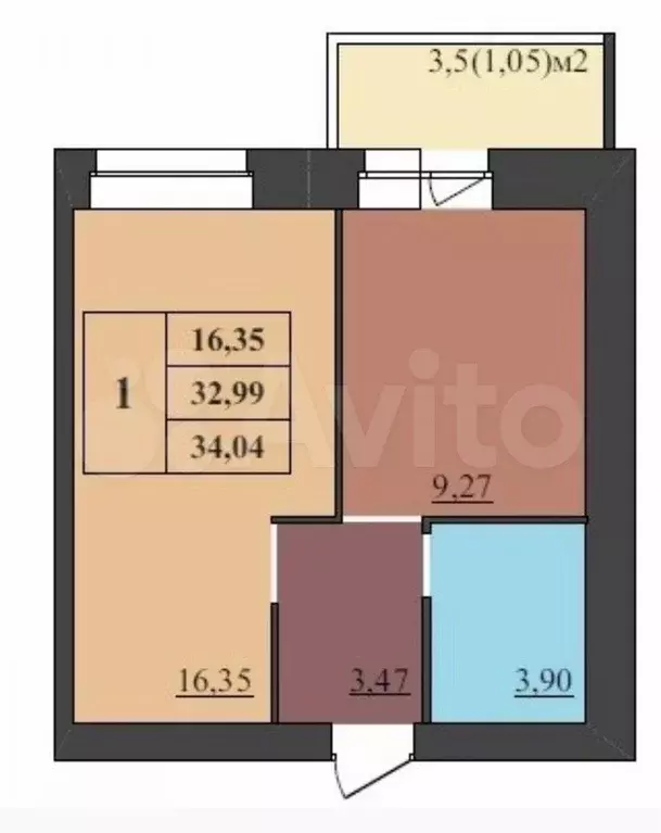 1-к. квартира, 34 м, 7/9 эт. - Фото 0